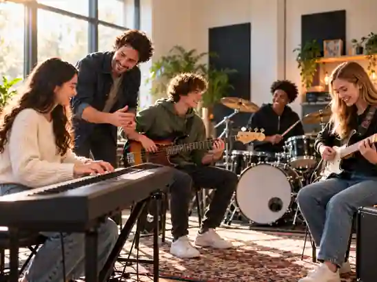 Four friends learning keyboard, bass, drums and guitar together with a tutor