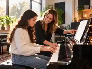 Student practising piano with a teacher