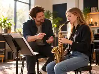 Student learning saxophone in a music studio